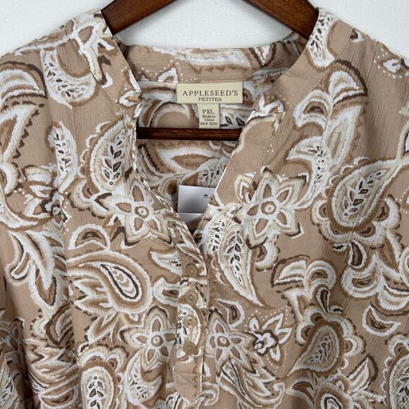 Appleseed's Petities Womens Top XL Beige‎ Paisley Floral Boho Coastal Blouse - Picture 3 of 10